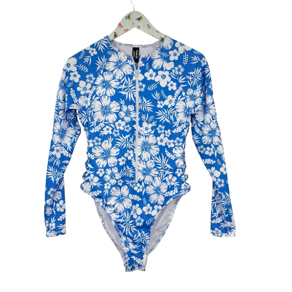 HURLEY Women’s Size Medium blue floral Surf Rash Guard One Piece Swimsuit NEW
